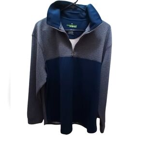 Haggar in motion Men's 1/4 zip, pullover, blue/gray long sleeve. (L)